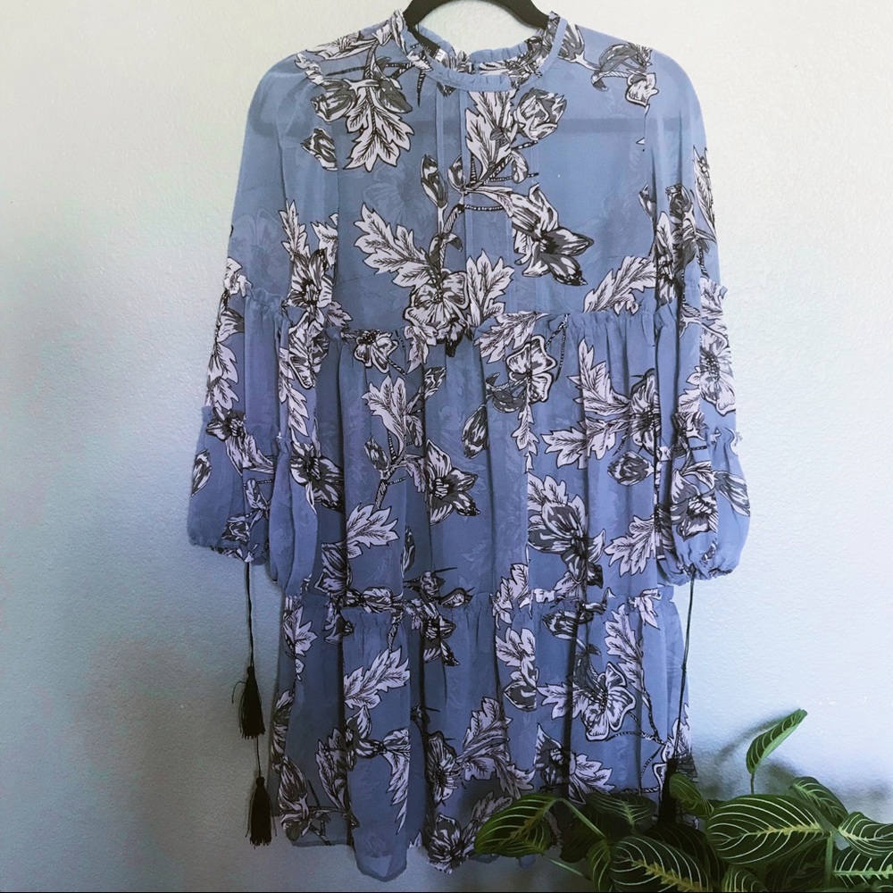 Bell sleeve tassel ruffle bohemian chiffon dress